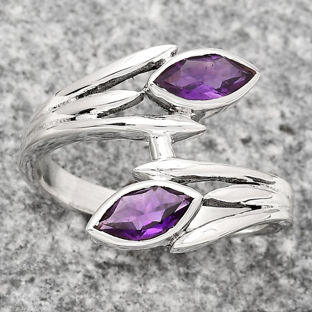 Amethyst Sterling Silver Bypass Ring Size 7 | Marquise Gemstone